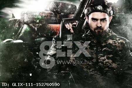 Heavily armed masked lasertag soldier on post apocalyptic background. Ad concept.