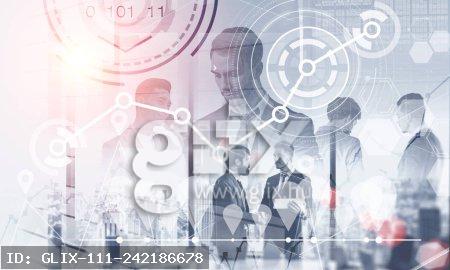 Two young businessmen shaking hands in panoramic office with double exposure of their colleagues, graphs and hud. Toned image