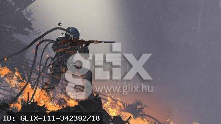 the futuristic soldier aiming his gun at the enemy against the battlefield background, digital art style, illustration painting