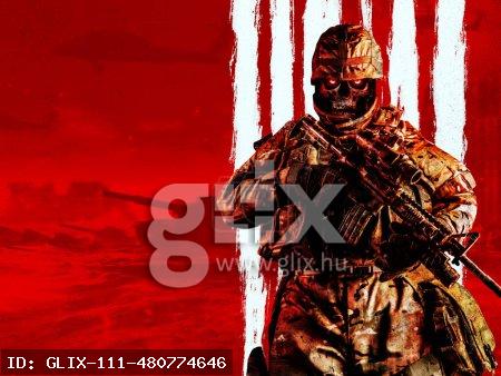 Photo of armored undead zombie soldier standing with rifle on red toned battlefield background with white stripes backdrop.
