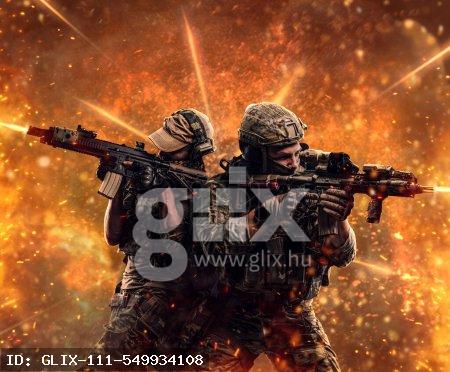 Private security service contractors, the elite special unit, full protective soldiers aiming at the targets.