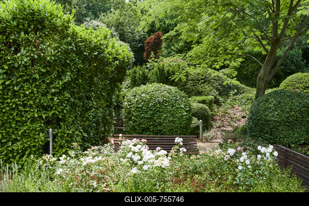 Barabás Villa, Budapest *** Serene Garden Bench Amidst Greenery-stock-foto