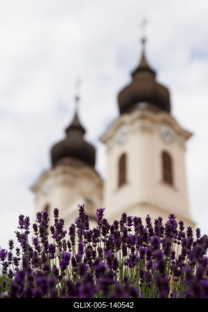 A Tihanyi Bencés Apátság levendulával az előtérben-stock-foto