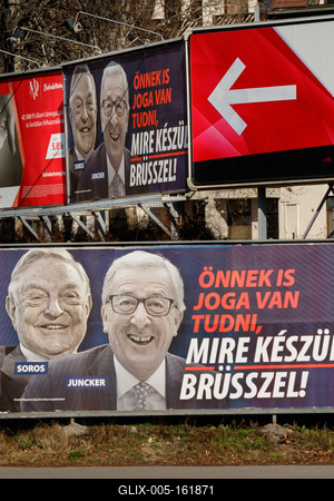 Soros and Juncker posters in Budapest.-stock-foto