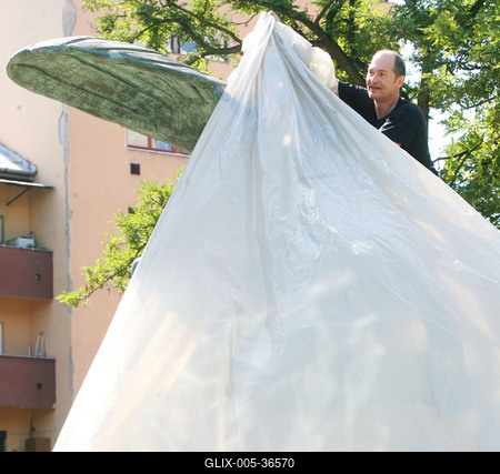 Zsákot húzott a Turul-szoborra-stock-foto
