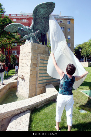Zsákot húzott a Turul-szoborra-stock-foto