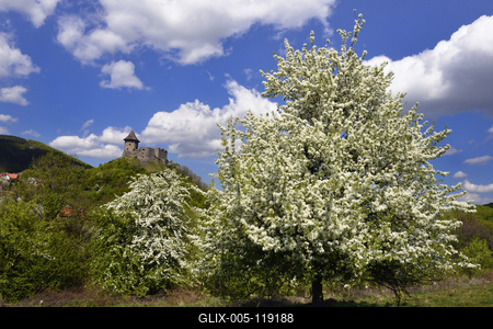 A somoskői vár a Somoskő település fölé magasodó vulkáni csúcson található, már szlovák területen.-stock-foto