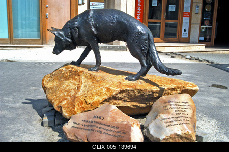 Mancs, a híres életmentő kutya szobra Miskolcon-stock-foto