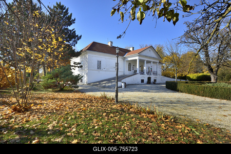 Halász Móricz-kúria Dabason. A klasszicista épület 1821-ben épült.A múzeumként látogatható kastélyban forgatták 1949-ben a Lúdas Matyit, ahol az eredeti biedermeier bútorok elegáns díszletként szolgáltak Döbrögi úr rezidenciájának. Ma egy kiállítási egység a nevezetes film előtt tiszteleg.-stock-foto