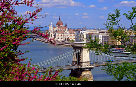 Budapesti látkép a Lánchíddal, Parlamenttel tavaszi virágokkal-stock-foto