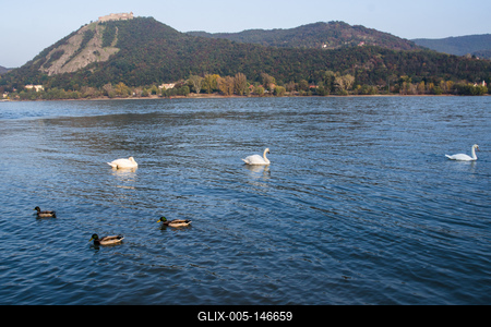 Visegrád és a Fellegvár látványa-stock-foto