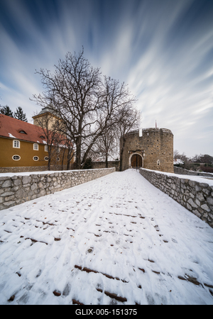 Barbakan bastion in Pecs, Hungary at winter-stock-foto