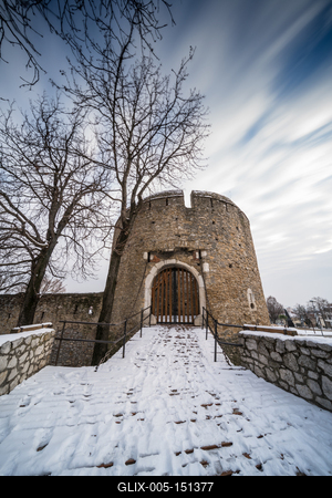 Barbakan bastion in Pecs, Hungary at winter-stock-foto