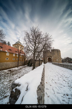 Barbakan bastion in Pecs, Hungary at winter-stock-foto