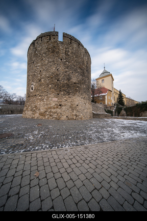 Barbakan bastion in Pecs, Hungary at winter-stock-foto