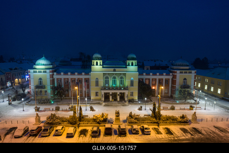 Varoshaza in Mohacs main squere with snow-stock-foto