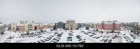 Churc in Mohacs main squere with snow-stock-foto