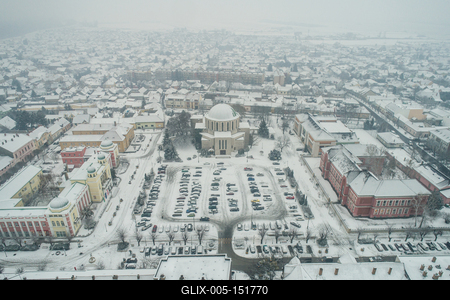 Churc in Mohacs main squere with snow-stock-foto