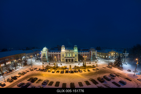 Varoshaza in Mohacs main squere with snow-stock-foto