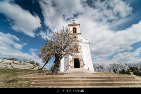 Chapel in Havihegy, Pecs, Hungary with the Tree of the Year-stock-foto