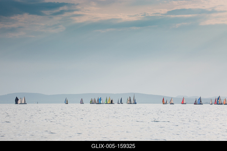 SZANTOD - JULY 18 : Sailing boats compete on 51.th Kekszalag championship at the Lake Balaton on 18 July 2019 in Szantod, Hungary.-stock-foto