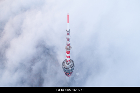 TV tower with cloudy and foggy sky-stock-foto