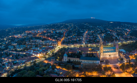 Pecs, Szekesegyhaz. Bird eye view at night-stock-foto