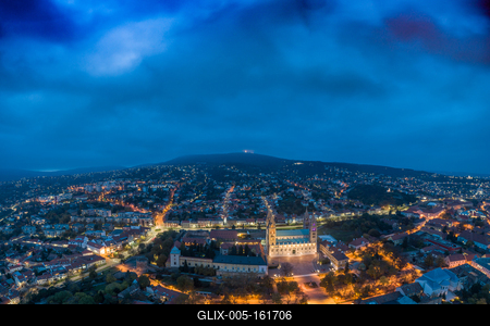 Pecs, Szekesegyhaz. Bird eye view at night-stock-foto
