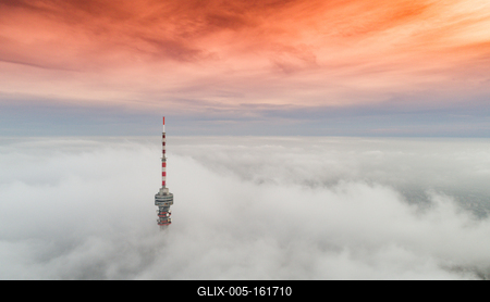 TV tower with cloudy and foggy sky-stock-foto
