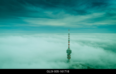 TV tower with cloudy and foggy sky-stock-foto
