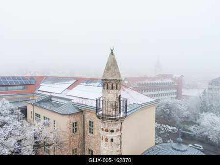 Mosque with a minaret in Pecs, Hungary at winter-stock-foto