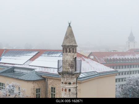 Mosque with a minaret in Pecs, Hungary at winter-stock-foto