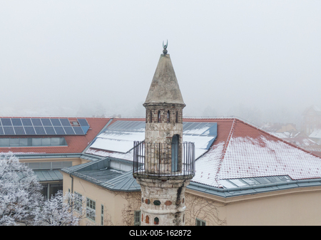 Mosque with a minaret in Pecs, Hungary at winter-stock-foto