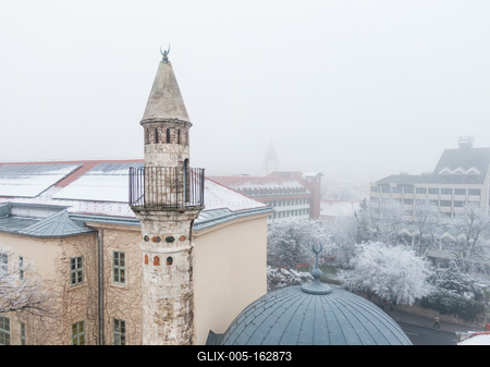 Mosque with a minaret in Pecs, Hungary at winter-stock-foto
