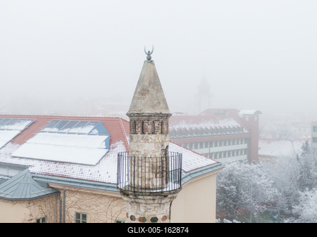 Mosque with a minaret in Pecs, Hungary at winter-stock-foto