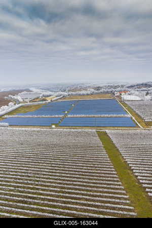 Winter frosty vineyard landscape covered by white flake with solar energy panels-stock-foto