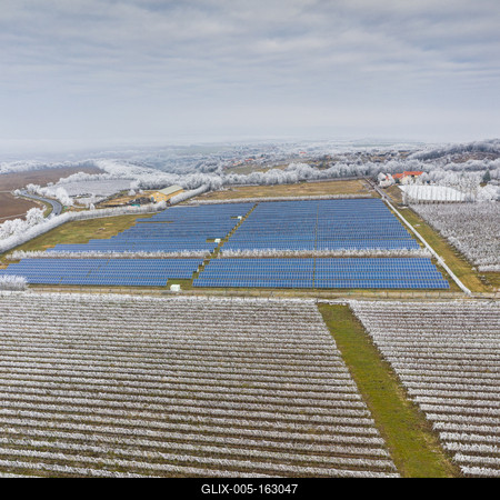 Winter frosty vineyard landscape covered by white flake with solar energy panels-stock-foto