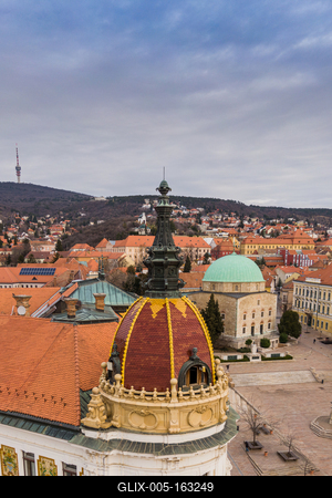 Aerial view of Pecs, Hungary with colorful rooftop of Megyehaza building-stock-foto