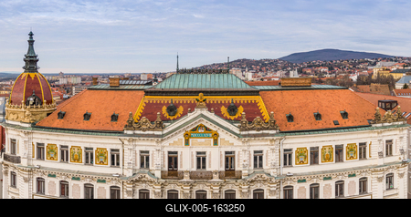 Panoramic view of Megyehaza building in Pecs, Hungary-stock-foto