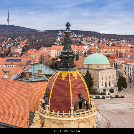 Aerial view of Pecs, Hungary with colorful rooftop of Megyehaza building-stock-foto