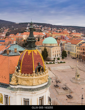 Aerial view of Pecs, Hungary with colorful rooftop of Megyehaza building-stock-foto