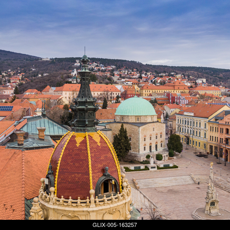 Aerial view of Pecs, Hungary with colorful rooftop of Megyehaza building-stock-foto
