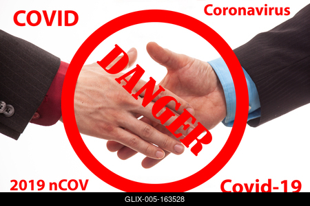 Business handshake in isolated white with coronavirus text-stock-foto