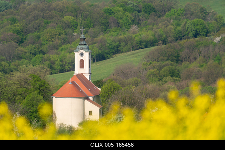 Church tower with yellow canola field in Abaliget-stock-foto