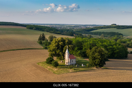 Aerial photo of Beautiful old small  christian chapel-stock-foto