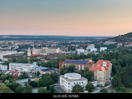 Bird eye view: Pecs, Pius church and university city-stock-foto