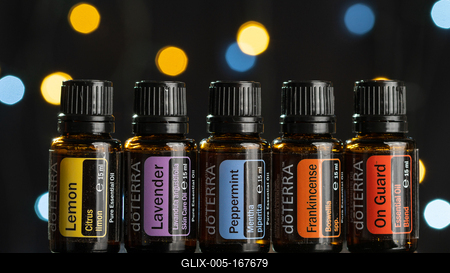 Pecs / Hungray - July 02 2020 - Illustrative editorial image of Doterra Essential Oils for everyday use on a dark shiny background-stock-foto