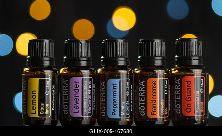 Pecs / Hungray - July 02 2020 - Illustrative editorial image of Doterra Essential Oils for everyday use on a dark shiny background-stock-foto