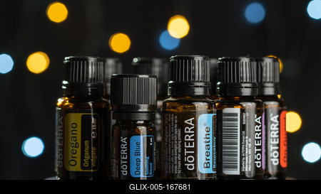 Pecs / Hungray - July 02 2020 - Illustrative editorial image of Doterra Essential Oils for everyday use on a dark shiny background-stock-foto