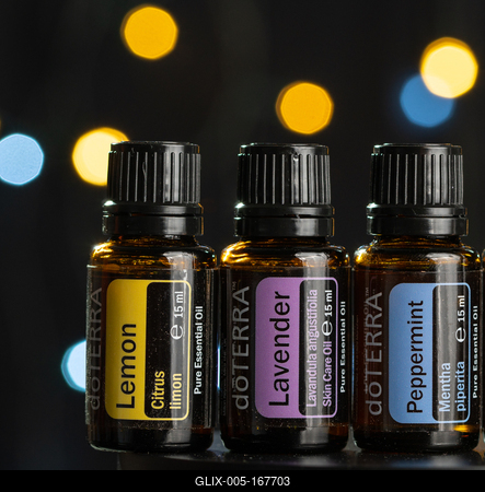 Pecs / Hungray - July 02 2020 - Illustrative editorial image of Doterra Essential Oils for everyday use on a dark shiny background-stock-foto